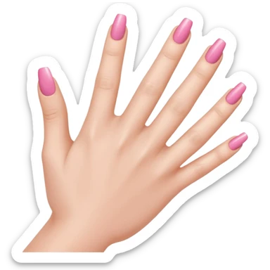  pink  close-up of a human hand with exactly five fingers, beautifully manicured nails, glossy pink nail polish, elegant nail shape, soft lighting, realistic style, isolated on transparent background" sticker