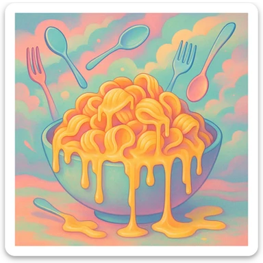 a bowl of orecchiette pasta with surreal elements, such as melting noodles, floating utensils, and whimsical colors sticker