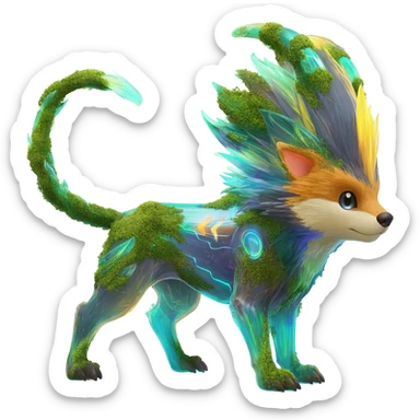 Realistic Sharp mossy elemental detailed Colorful translucent luminescent Trico-Lykoi-Noibat-Sergal-Furret-Ferret-Wolverine-Vernid-furry-fursona-fusion-Fakemon-animal-hybrid-creature, full body sticker