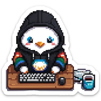 A cute penguin wearing a cozy hoodie typing on a computer keyboard sticker