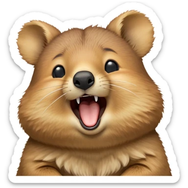 cinematic-realistic  yawning quokka-emoji,-small-round-frame, head tilted in an endearing manner, wouth wide open yawning, sleepy comical smile, round cheeks, giant-fluffy-cheeks-large-smile-fluffy-brown-fur-radiating-a-warm-softness,-big-round-eyes-filled-with-joy, realistic round  fluffy zoomed in, large black eyes one paw raised in the air sticker
