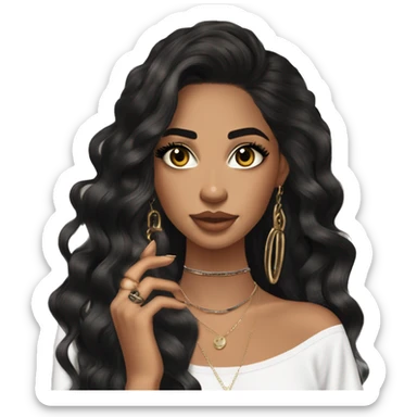 Glamorous, streetwear, black balayage hair, long wavy hair, olive skin, brown almond eyes, winged eyeliner with big lashes, wearing hooped earrings, rings and bracelets, almond fake nails sticker