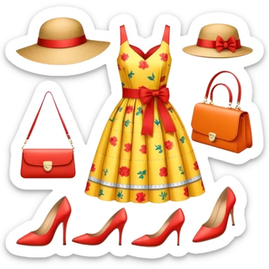 Icon for Fashion Design: a pattern of a bright, beautiful dress with measurements, a ruler, and pencil, along with a hat, shoes, and a handbag. The icon should represent fashion design with attention to detail and style. Transparent background. sticker