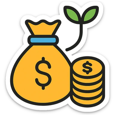 Flat design icon for 'Economy / Finance' depicting a growing money bag, graph, coin stack, or handshake with money, suitable for a business presentation. sticker