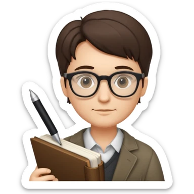 writer holding pen and book, wearing glasses sticker