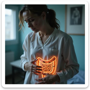 hyperrealistic 4K image of a woman with intestinal parasitosis, curved posture from pain, pale and marked face, medical environment, translucent anatomical illustration with numerous visible parasites in the intestine sticker