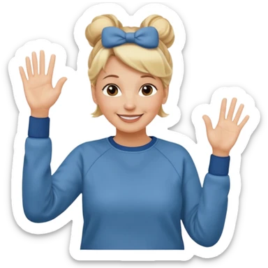 50 year old blonde woman with bun in casual clothes and sweat shirt waving sticker