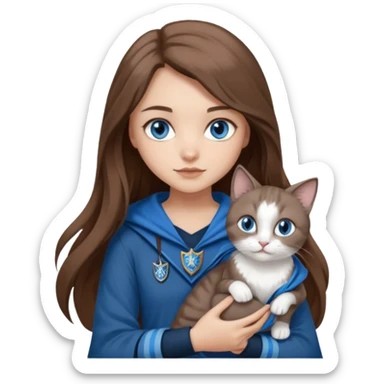 gorgeous Girl with light skin, blue eyes, long brown hair, wears a ravenclaw outfit, with a grey and white cat holding in her arms sticker