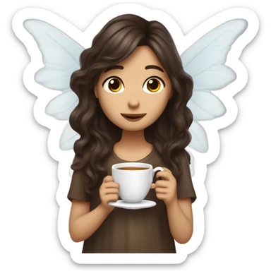 Fairy with long dark brown wavy hair dj-ing and drinking tea with long angel wings sticker