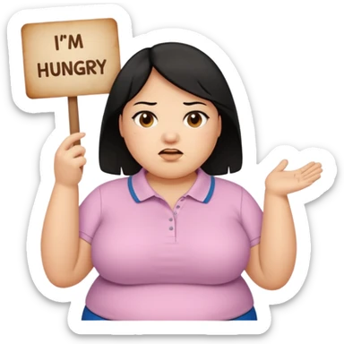 Una señora gorda con cabello negro y p olo corto con un letrero de tengo hambre sticker