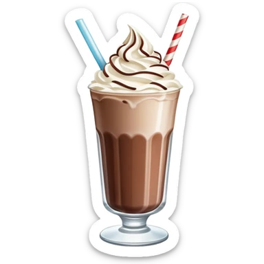 A thick, creamy milkshake in a tall glass with whipped cream on top and a straw sticker