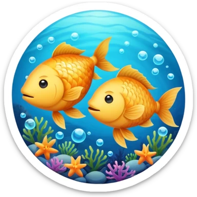 Make an emoji with two fish as pisces from horoscope, make them look very cute and emoji like. In a circle, from top down view sticker