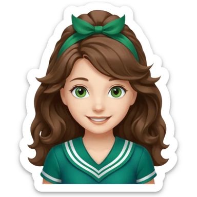 A pretty girl with blue eyes, brown long wavy hair, qnd wear green Hawkins cheerleader uniform sticker