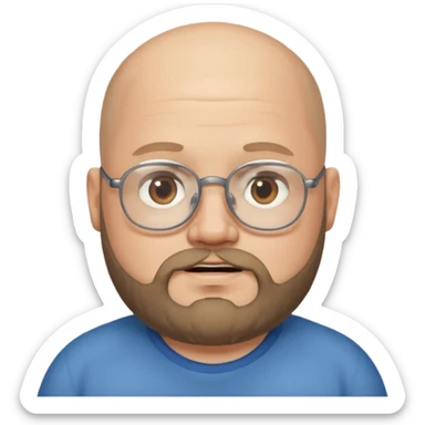 semi-bald from the middle, chubby face, with glasses and beard sticker