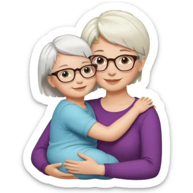 "Woman with short white hair and fair skin, wearing glasses, hugging a baby with short brown hair, smiling sticker