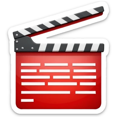 Bright red glossy movie clapper with a folded upper striped bar and light glare sticker