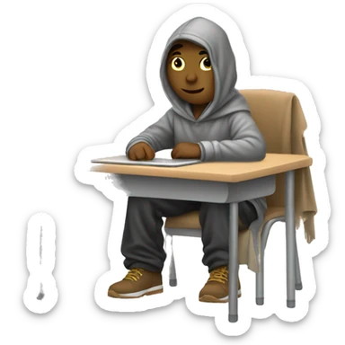 male student sitting at a school desk with a big blanket wrapped around shoulders working on chromebook sticker