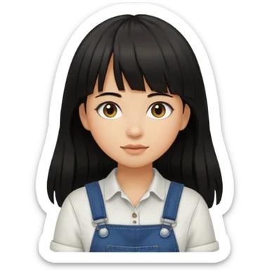 Make it a girl wil long hair like this and look like this  she has brown ish black hair and if has bangs with black overalls and a white shirt she’s not asian sticker