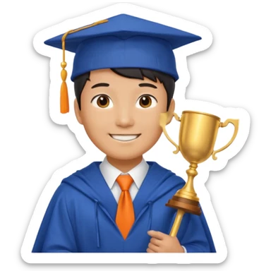 An asian man wearing student hat, blue student mantle and orange tie, holding a trophey sticker