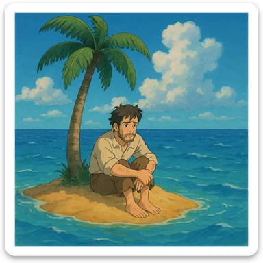 stranded man on a small island with a palm tree in ghibli style sticker