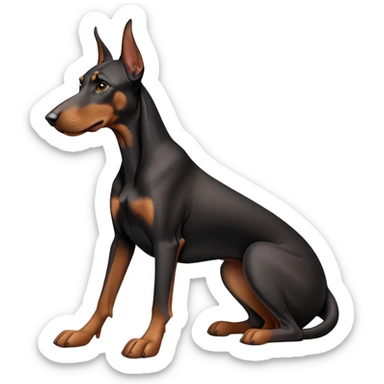 cinematic-[doberman]-realistic-full-body-sitting-emoji,-tail-resting-loosely-beside-its-paws,-head-tilted-dramatically, -sleek-[black and tan]-fur,-simplified-yet-realistic-focused-features,-highly-detailed,-glowing-with-an-almost-sarcastic-glow sticker