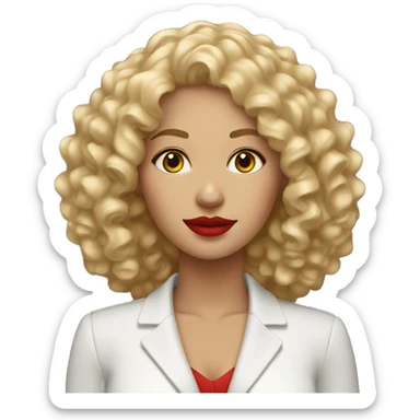 Professional woman with curly blond hair and red lipstick sticker