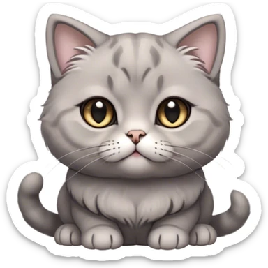 Cinematic Adorable Fluffy Grey Scottish Fold Cat Portrait Emoji, Head tilted cutely with big, sparkling eyes and adorable folded ears, soft grey fur with darker points on the ears, face, and paws, Simplified yet irresistibly adorable features, highly detailed, glowing with a soft, warm glow, high shine, affectionate and playful, stylized with a touch of whimsy, bright and endearing, soft glowing outline, capturing the essence of a curious and loving kitten with the signature charm of a Scottish Fold's unique folded ears, so cute it feels like it could leap out of the screen and snuggle up for a cuddle! sticker