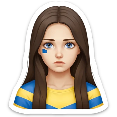 Brunette woman with long hair, Ukrainian flag (blue and yellow) painted on her cheek, sad expression sticker