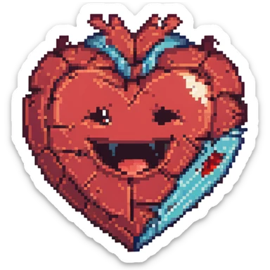 a broken object or heart, with a big laughing smile, pixel art style sticker