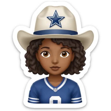 Black girl with short wavy hair and a cowboys football hat sticker