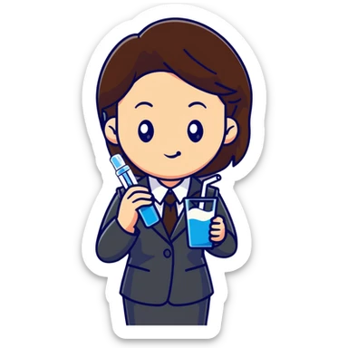 Mom with brown hair in business suit drinking milk and holding a vaccine syringe sticker