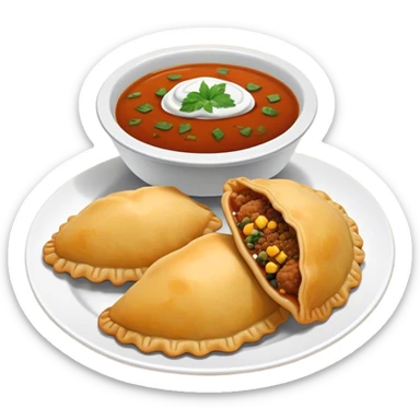 Cinematic Realistic Colombian Cornmeal Empanadas Emoji, showcasing the golden, crispy shell filled with savory meats and spices, served with a side of aji dipping sauce, rendered with vibrant textures and warm, inviting lighting. sticker