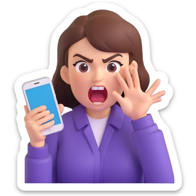 girl with an angry face shouting at her phone, dramatic, hands gripping device sticker