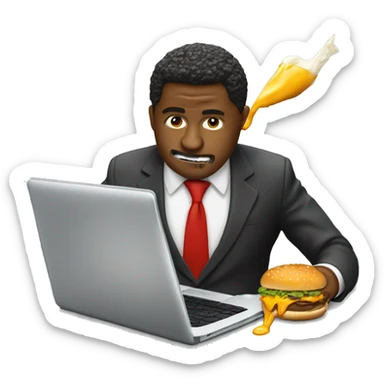 A business man in a suit eating a messy cheeseburger that is dripping sauce onto his laptop sticker