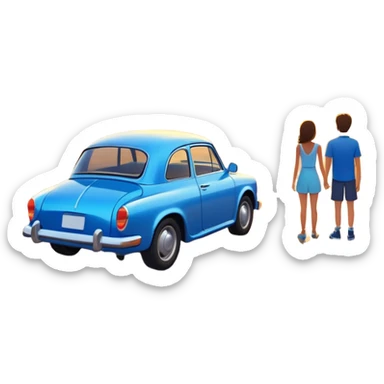 A parked blue car sits quietly on the side of an open road, facing a breathtaking sunset. Two people stand outside, backs turned, watching the horizon. The road stretches endlessly ahead, surrounded by a peaceful, glowing landscape full of light, warmth, and possibilit sticker