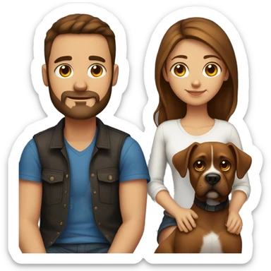 a girl with brown hair, a man with short buzz brown hair with a beard, sitting, with two brown boxer dogs sticker
