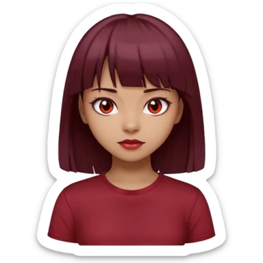 beautiful girl with dark maroon medium hair, straight bangs and red bando, red eyes and brown tshirt  sticker