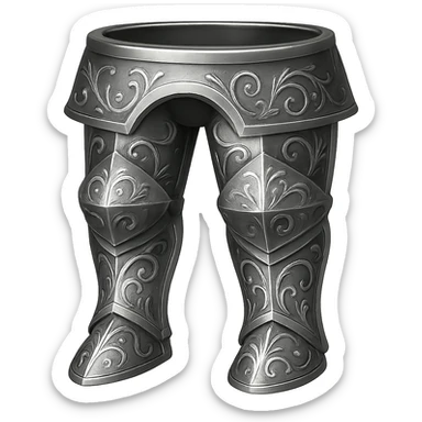 Engrave these steel platelegs with elegant silver engravings, keeping them crisp, shiny, and slightly fancier than iron. Realistic metallic steel style, emoji style, transparent background. sticker