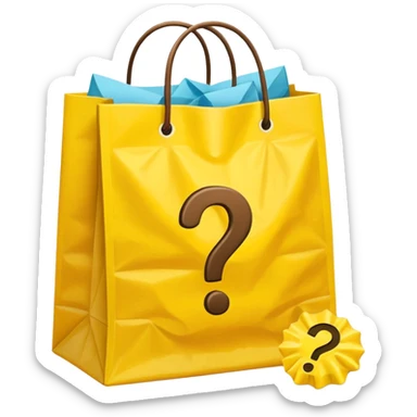 yellow goodiebag with questions mark boxes stuffed in it sticker