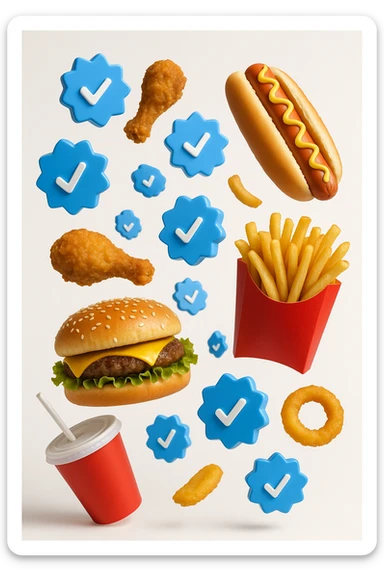 fast food realistico fluttua in aria insieme a spunte di verificato in 3d, sfondo bianco sticker