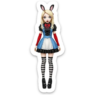  3d rendering, ultra detailed, Alice in wonderland modern style in a punk gothic style outfit, stripped knee high socks, gothic platform heels, long blonde hair, eyeliner, red lipstick, falling through rabbit hole,  still life image, transparent background
 sticker