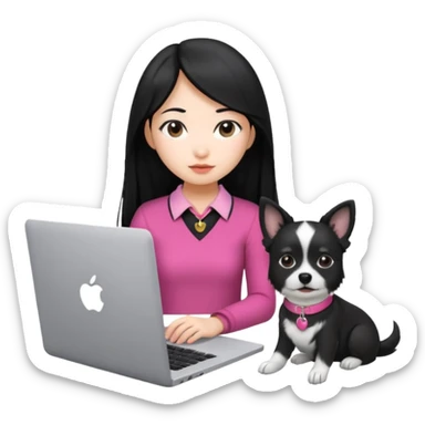 Asian girl with long black hair working on an Apple laptop, next to her is a small black and white dog with pink collar on  sticker