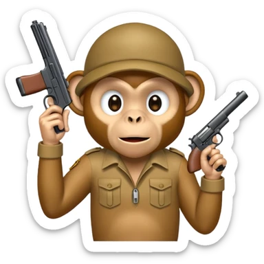 “A monkey covering his mouth with one hand and holding a gun to his head with the other hand.” sticker