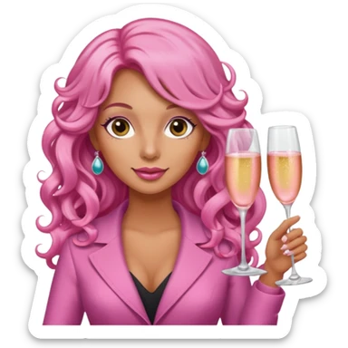 One lady with long pink curled hair and tan skin holding two pink champagne glasses sticker