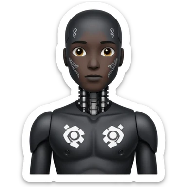 black Tatooed robot, big many tatooes on chest, neck and face, white tatoo on face sticker
