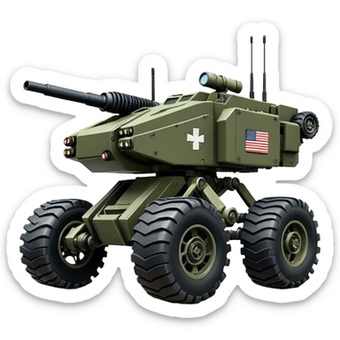 a roomy American 8-wheel armored medical personnel stealth camouflage army massive mech trail vehicle shooting forward side-hill leaning actively robotically articulating hydraulic independent suspended pod gimbal enemy mech off-road racing rover with large fast engine RC basher crawler megatron  sticker