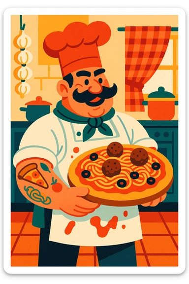 A tall, burly Italian chef with a thick black mustache and a big red chef hat, wearing a white apron stained with tomato sauce. He’s holding an oversized, loaded pizza topped with spaghetti, meatballs, and olives. His tattooed arms show pizza and pasta motifs. Colorful and cartoonish style with exaggerated features and a lively Italian kitchen background. sticker