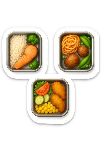 EMOJI STILE IPHONE DI UN 3 schiscette con poco cibo dentro, fluttuano in aria REALISTICA 4K sticker