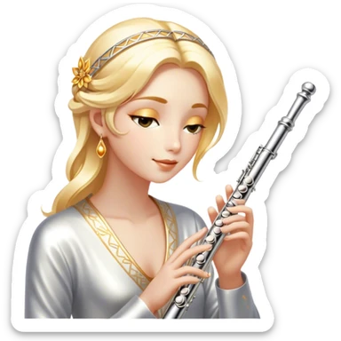 Cinematic Realistic Flute, polished silver metal with precise keywork, warm golden reflections dancing along its surface, soft hands carefully positioned over the keys, glowing with an elegant and airy charm. sticker