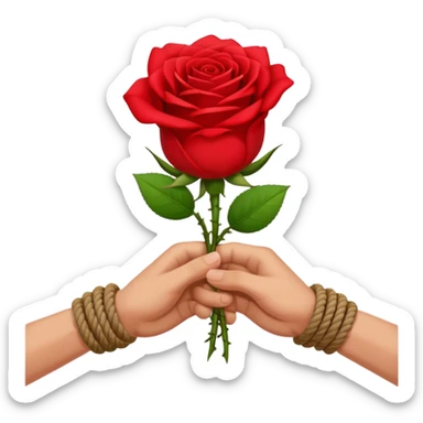 Brown hands tied together with a rope holding a rose sticker